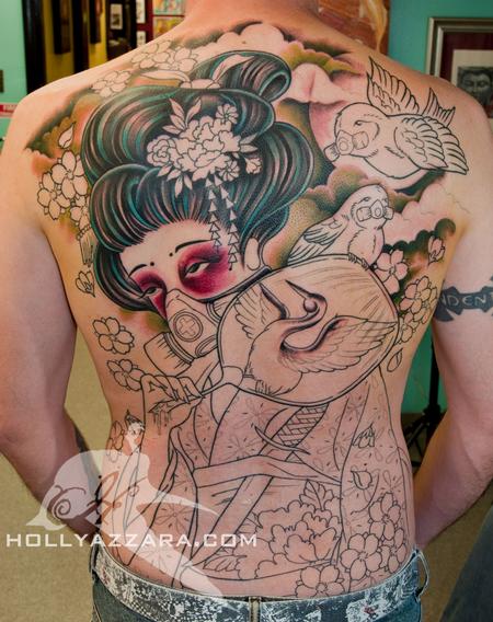 Holly Azzara - Geisha with birds back piece outline session 2